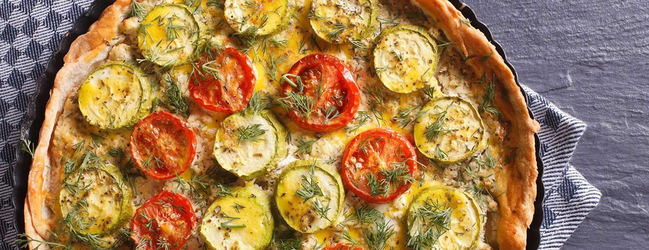 A vegetable tart, fresh from the oven.